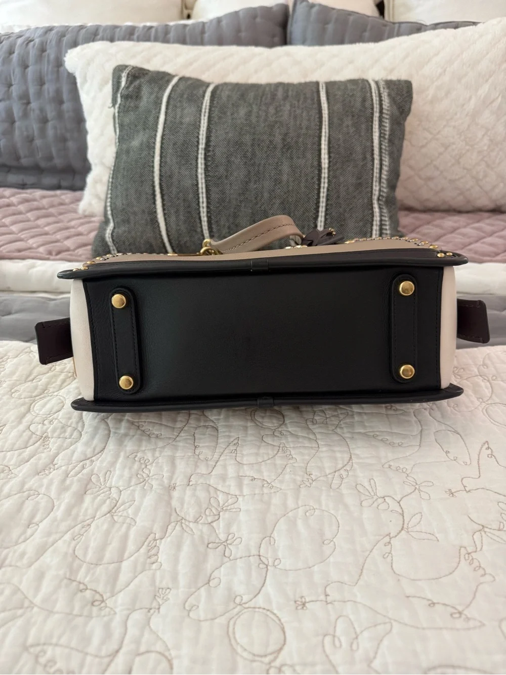 Coach Taupe and Black Leather Satchel with Gold Hardware